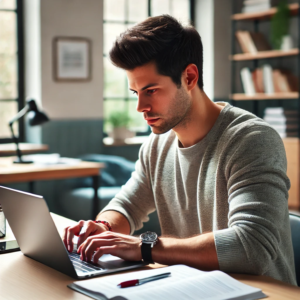 A social worker taking a practice exam on the computer. The environment is conducive to studying, with natural light and organized study materials enhancing the focus required for effective exam preparation.
