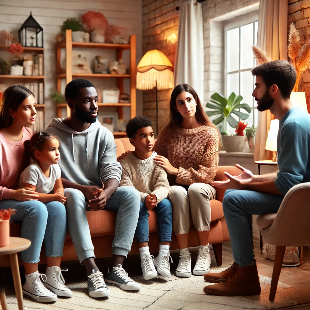 A social worker talking with a diverse family in a comfortable and welcoming setting. The atmosphere is warm and supportive, fostering open communication and engagement.