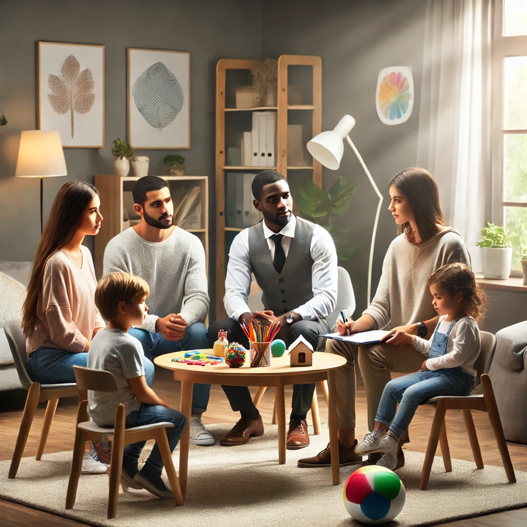 A social worker working with a diverse family in a therapeutic setting. The environment is professional yet comfortable, fostering a supportive atmosphere for the family's session.