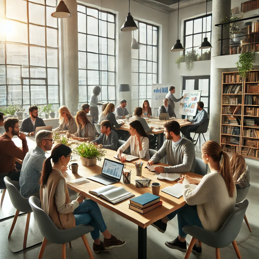 A study group of social workers in a well-lit environment. The scene captures a diverse group engaged in discussion, working collaboratively around a table with study materials, creating a focused and professional atmosphere.