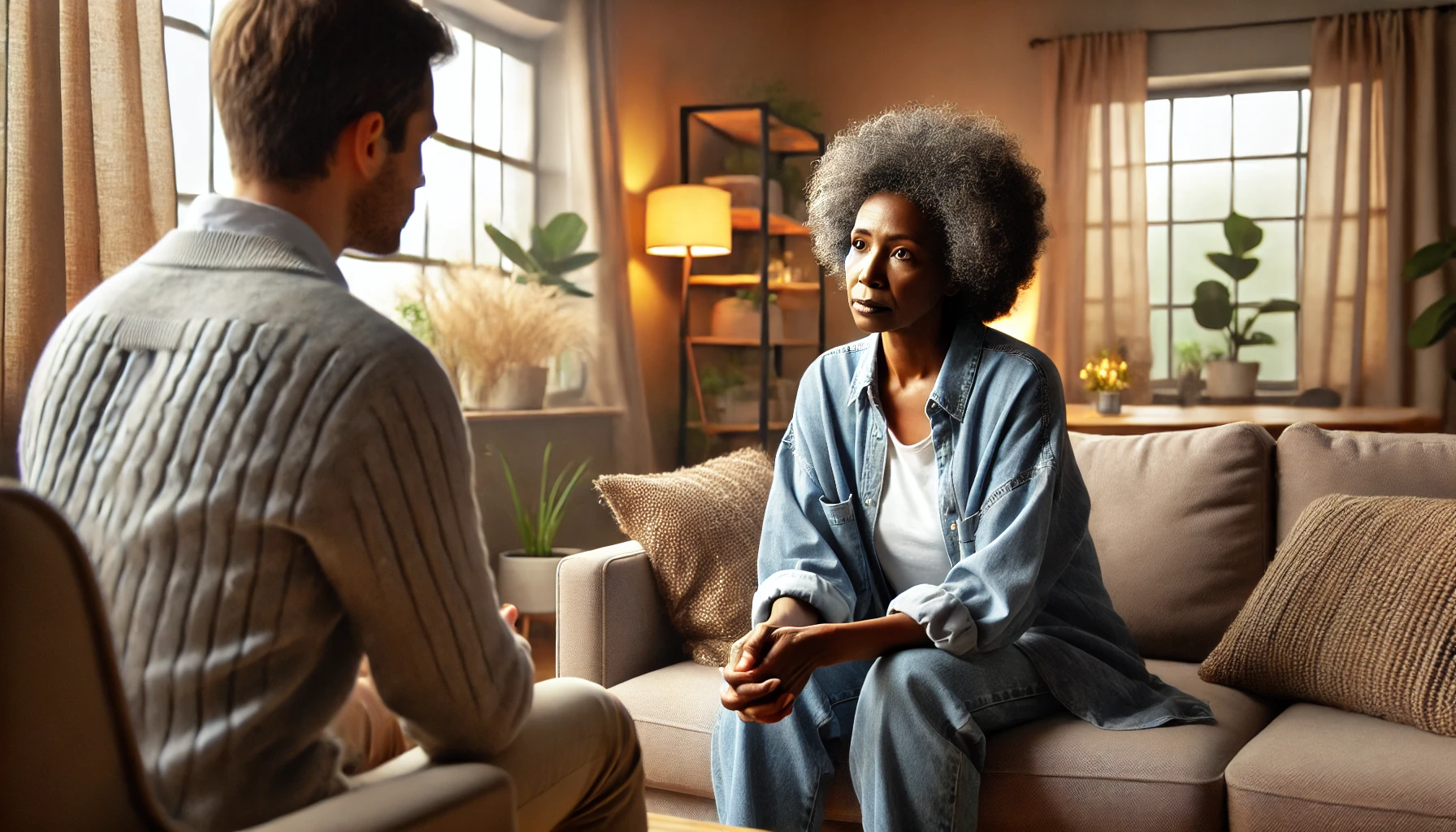 An African American client dealing with chronic stress, engaged in a conversation with a therapist in a comfortable and inviting therapy room. The scene highlights empathy and support in a safe environment, emphasizing the importance of addressing mental health with care and understanding.
