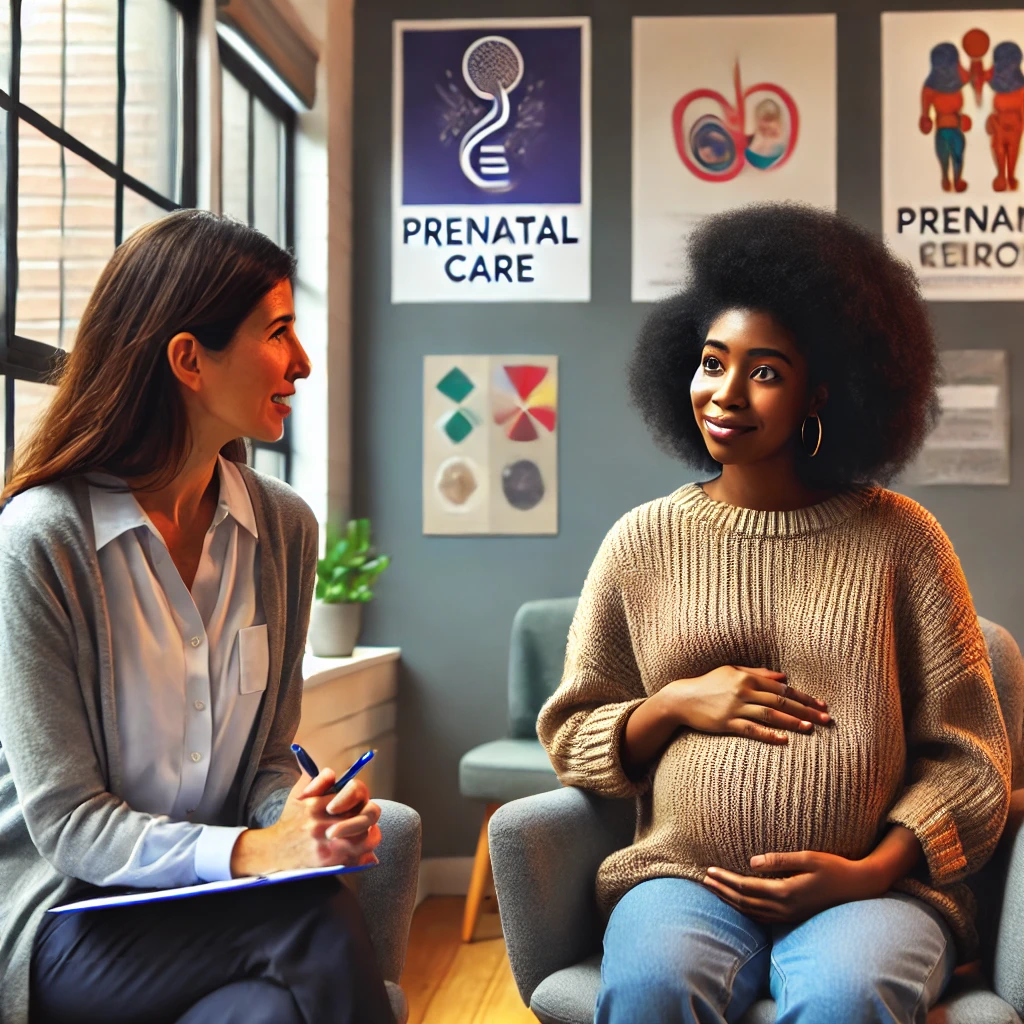 A diverse social worker providing support to a pregnant client in a cozy and welcoming office environment.