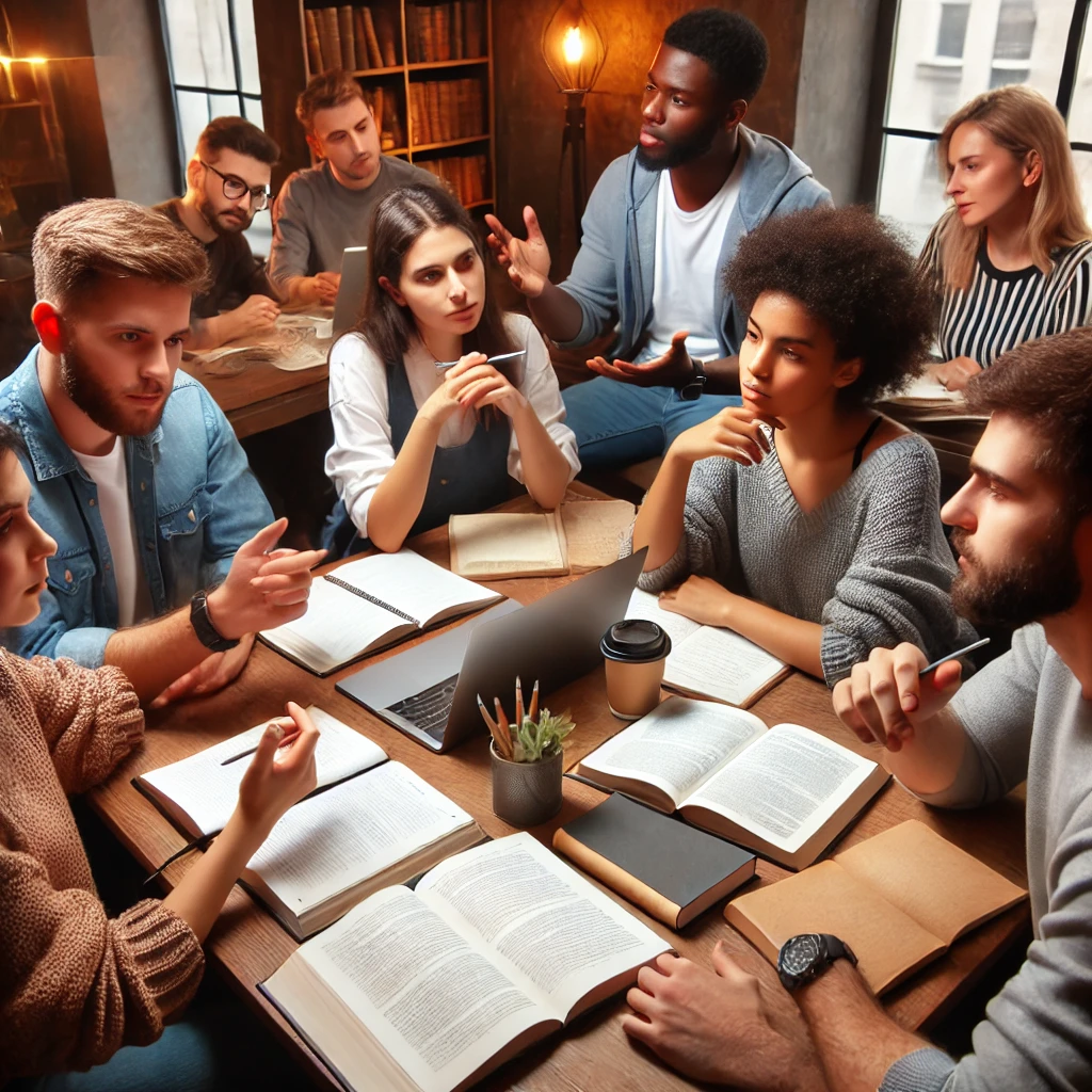 Several members of a diverse study group discussing a tricky topic. They are engaged in an intense and dynamic conversation, making the study session productive and focused.