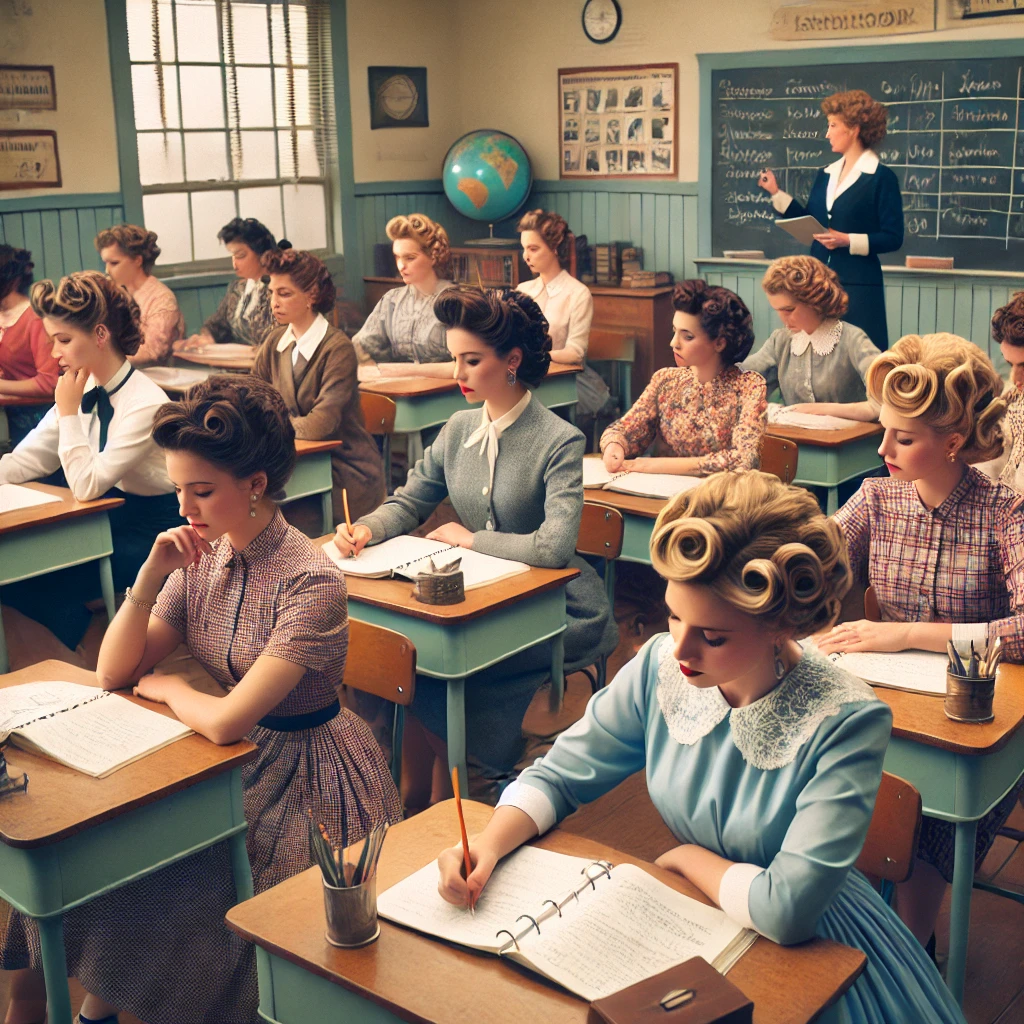 A 1950s classroom with several women attentively learning.