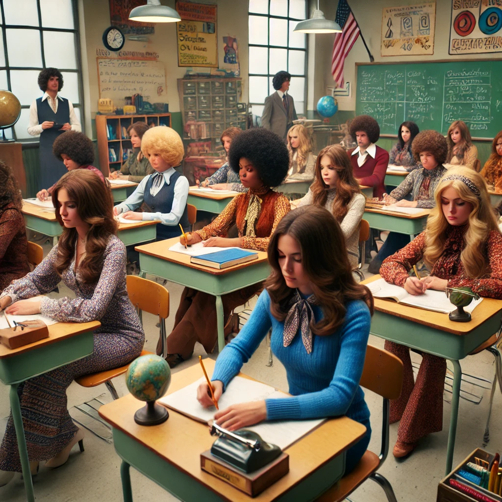 A 1970s classroom with several women engaged in learning.