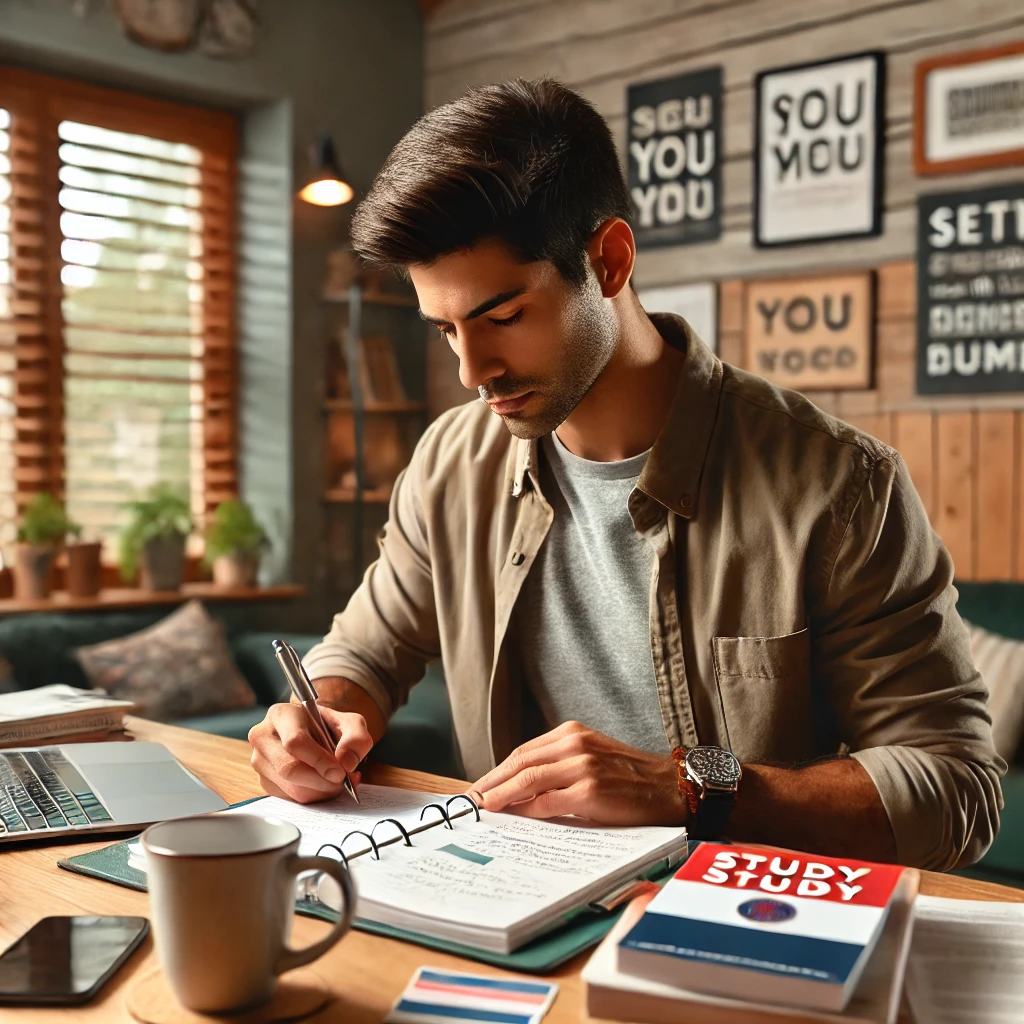 A Hispanic social worker creating a study plan. The scene captures the focused social worker at a desk with various study materials, planning in a cozy, well-lit room.