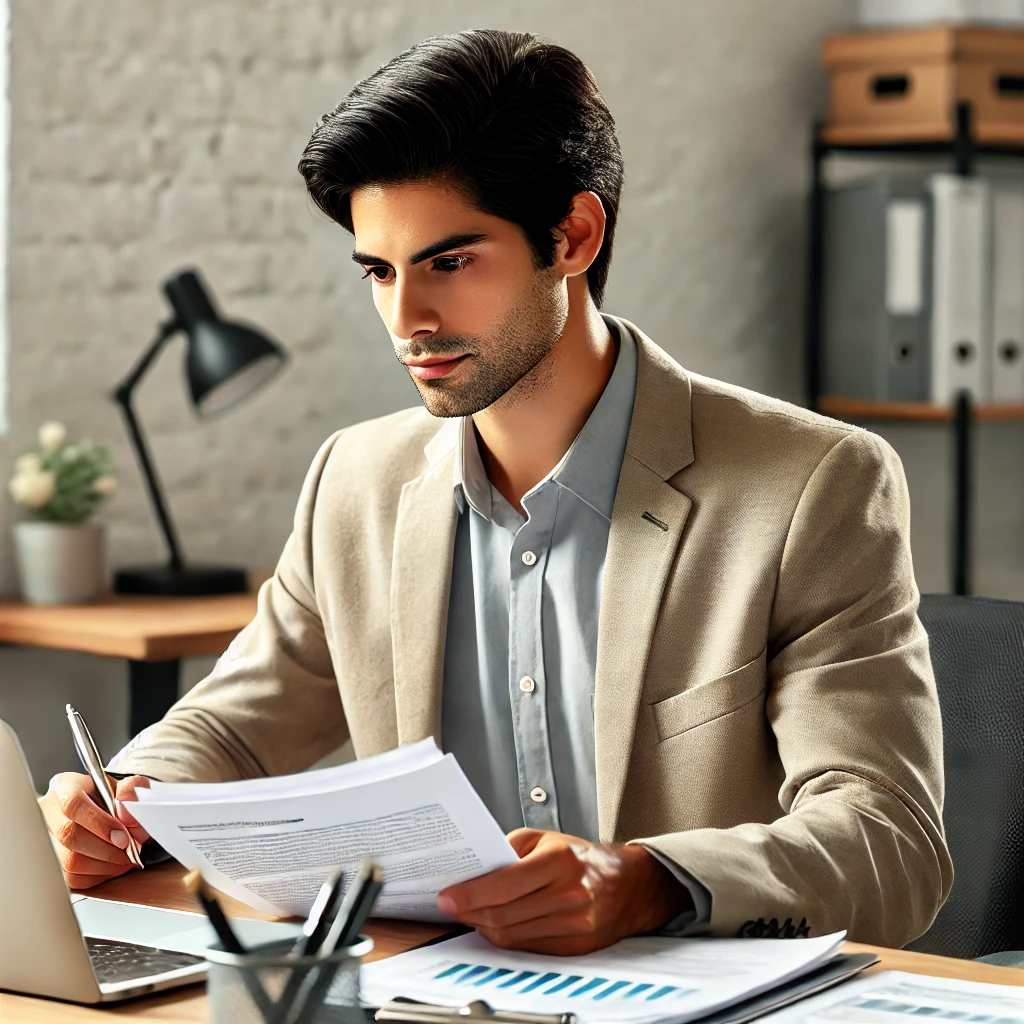 A Hispanic social worker in an office environment, sitting at a desk working on documents. The desk is organized with office supplies, financial documents, and notes, and the office setting is professional and tidy, with a clean wall behind them and a comfortable atmosphere.