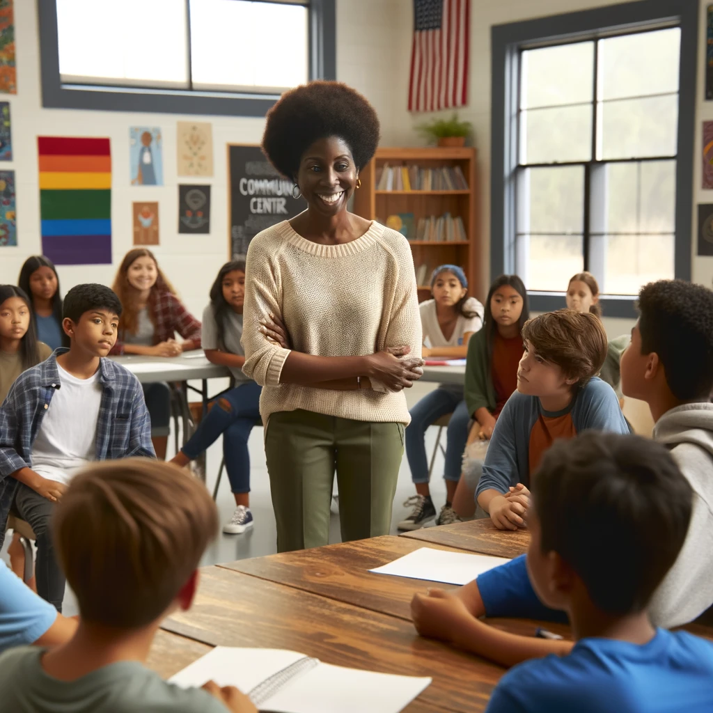 A black female social worker in casual attire, meeting with a diverse group of children and young adults in an indoor community center setting in Mississippi. The environment includes posters on the walls, tables, and chairs, creating a positive and collaborative atmosphere as the social worker engages warmly with the group.
