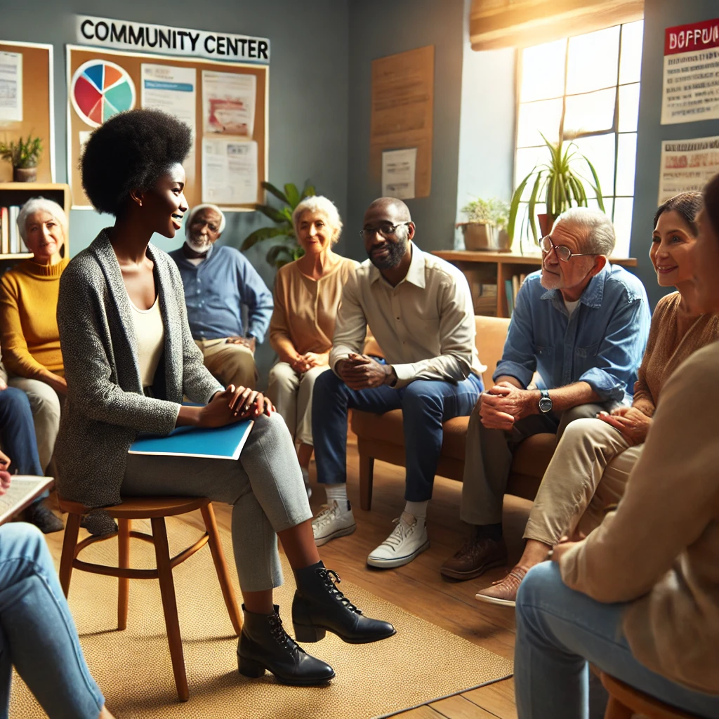 A black female social worker meeting with community members indoors. The setting is a community center room with comfortable seating and a welcoming atmosphere. The social worker is dressed in professional yet approachable attire, engaged in a supportive conversation with the community members. The background features informational posters and a bulletin board, emphasizing a community-focused environment. The atmosphere is warm and inclusive, with people smiling and interacting positively.