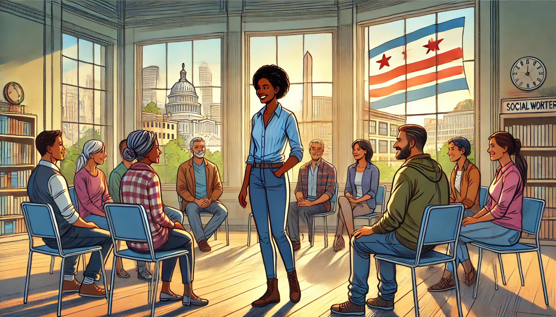 A black female social worker meeting with members of the community indoors in Washington DC. The scene is set in a community center with windows showing an urban cityscape, including DC-themed posters on the walls, highlighting the positive interaction and diversity within the community.