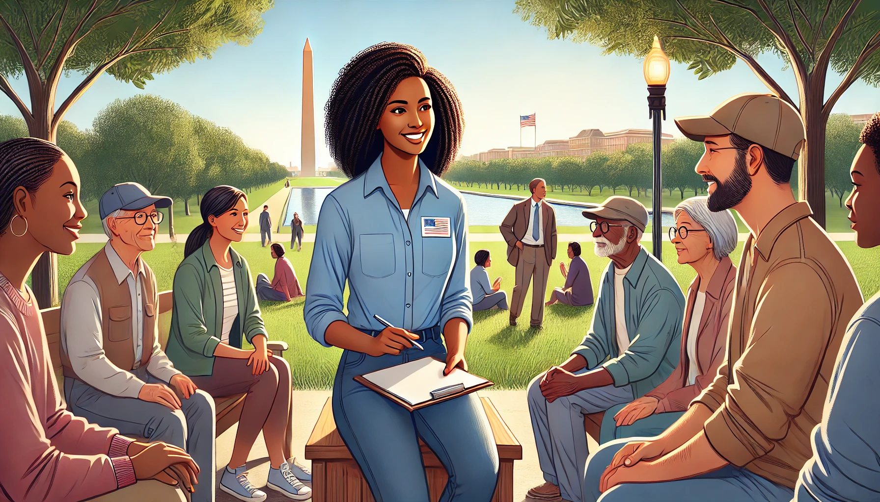 A casual female social worker meeting with members of the community outside in Washington DC. The scene includes a park with green grass and trees, and recognizable landmarks like the Washington Monument in the background. The social worker is engaging in a friendly conversation with diverse community members, highlighting the importance of community interaction and support in social work.