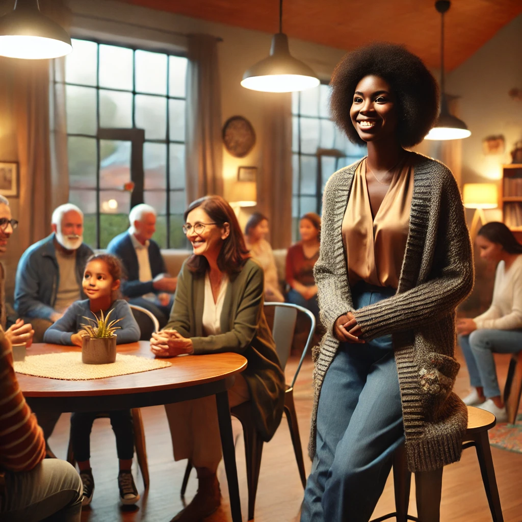 A black female social worker meeting with the community indoors. The scene captures a friendly and supportive interaction in a warm and welcoming community center setting.