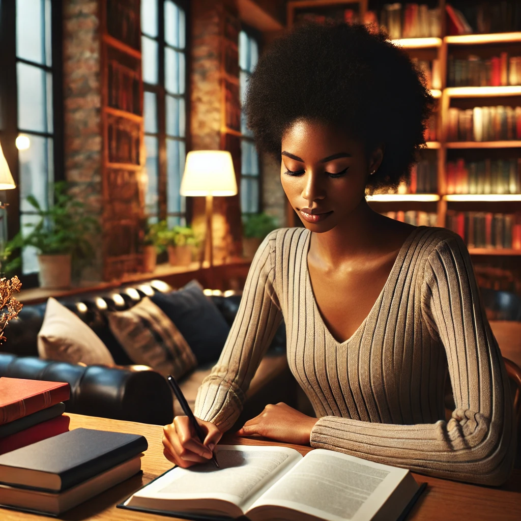 A black female social worker studying in a cozy library environment. The warm and peaceful atmosphere, along with the focus on her studying, is captured in this setting