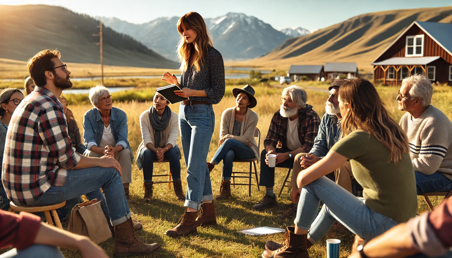 A casual female social worker meeting with the community outside in Montana. The setting is welcoming, with the group gathered in an open grassy area with mountains in the background, reflecting a friendly and collaborative atmosphere.