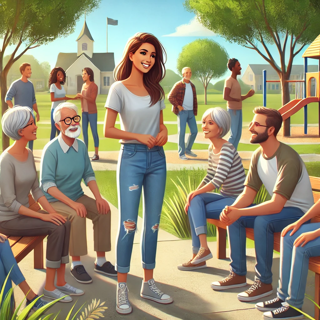 A casual female social worker meeting with community members outside in Delaware, showcasing a warm and welcoming atmosphere in a community park setting. The social worker is engaged in a friendly conversation with a diverse group of people, with a backdrop that includes benches, a playground, and lush greenery, emphasizing a community-focused environment.