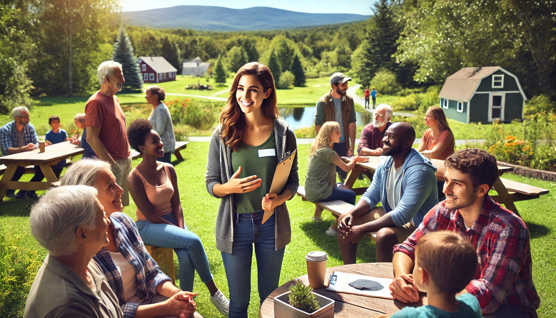 A casual female social worker meeting with the community outside in New Hampshire.