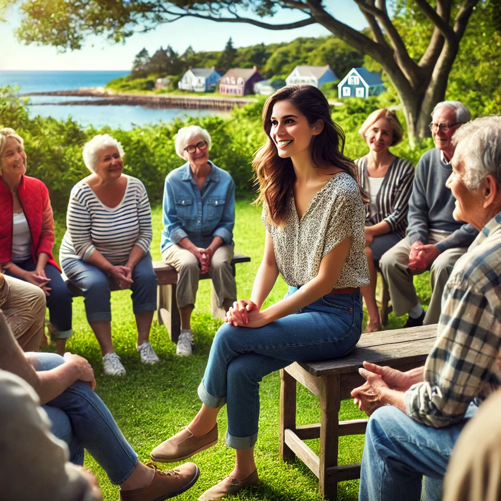 A casual female social worker meeting with community members outside in Rhode Island, with the ocean in the background and a friendly, community-oriented atmosphere. If you have any specific modifications or additional details you would like to include, feel free to let me know!