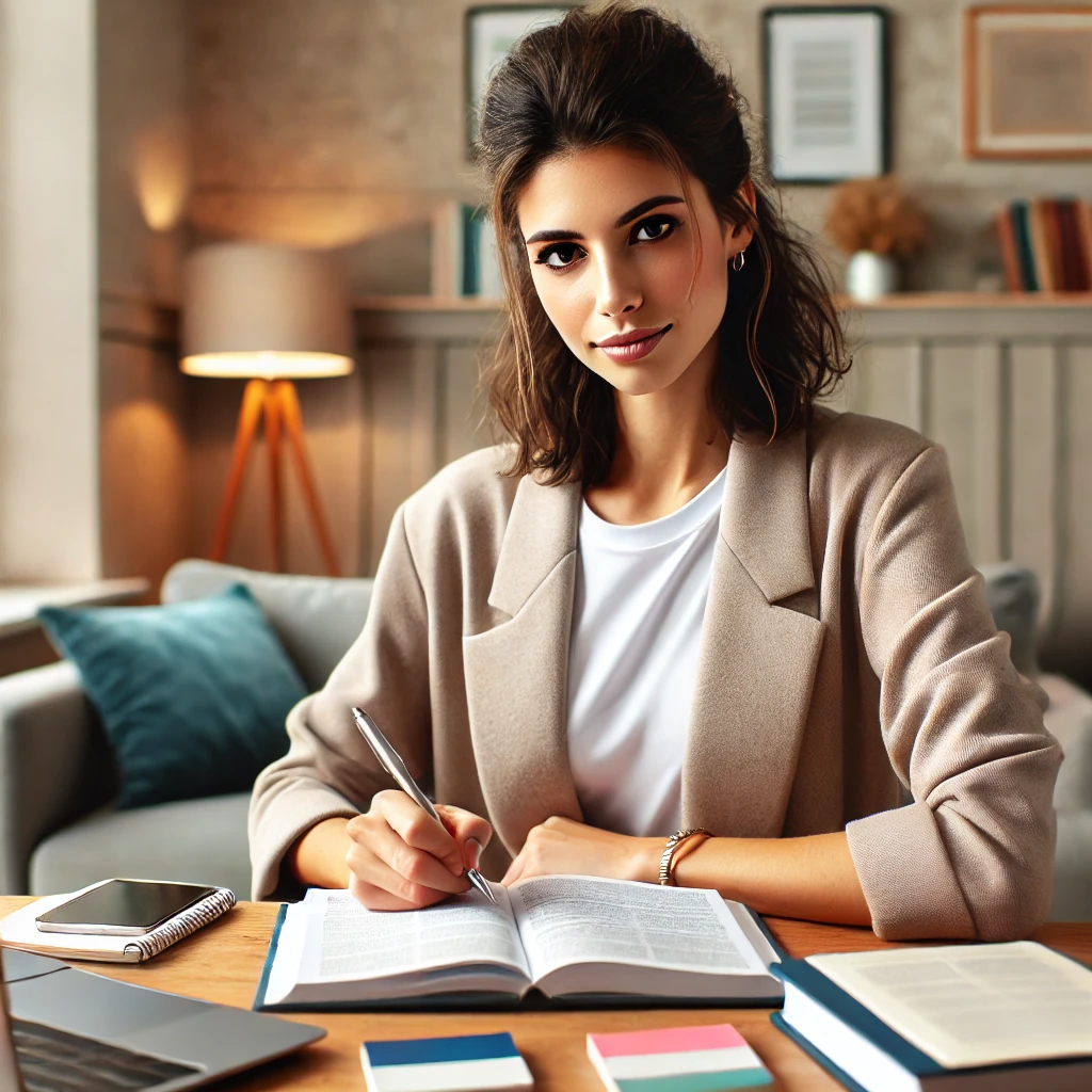 A confident female social worker studying for an exam in a cozy environment. She is seated at a desk with various study materials, appearing focused and determined while taking notes. The room is well-lit and comfortable, with motivational posters on the walls, creating a warm and inviting atmosphere.