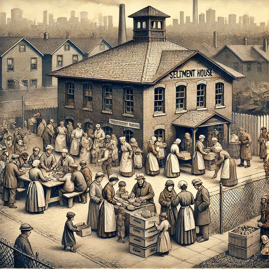 A settlement house with Social Workers actively helping the community. The image captures the essence of early 20th-century community service, with Social Workers providing education, distributing food, and supporting families in a bustling urban neighborhood.