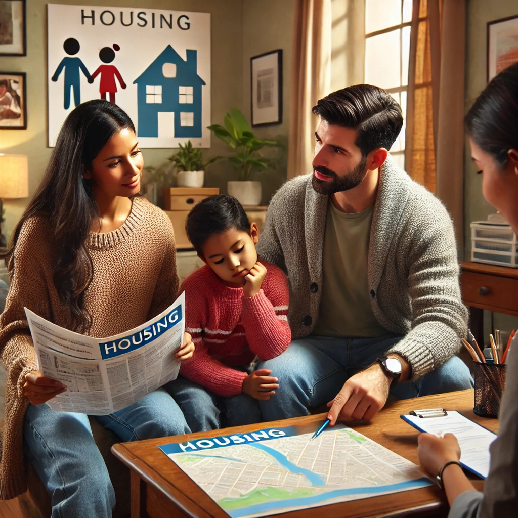 A diverse Social Worker, dressed casually in a sweater and jeans, helping a Hispanic migrant family with housing in a cozy and welcoming office environment. The Social Worker is providing guidance on housing options, creating a supportive and approachable atmosphere for the family.