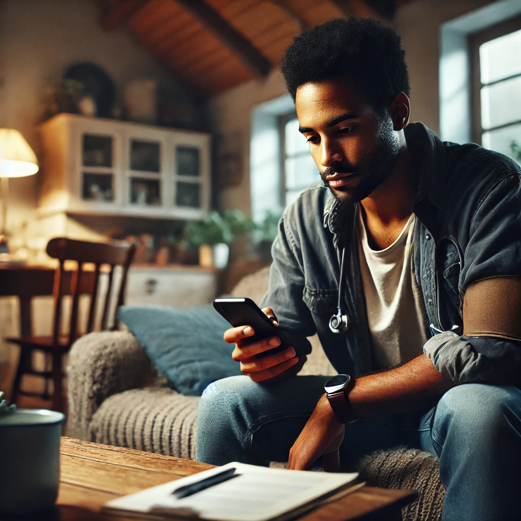 A diverse Social Worker in a home environment receiving an urgent notification on their smartphone