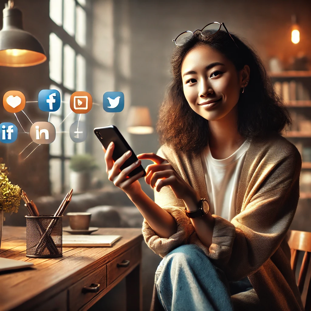 A diverse Social Worker sitting casually at a desk in a cozy office, engaging with social media on their smartphone.