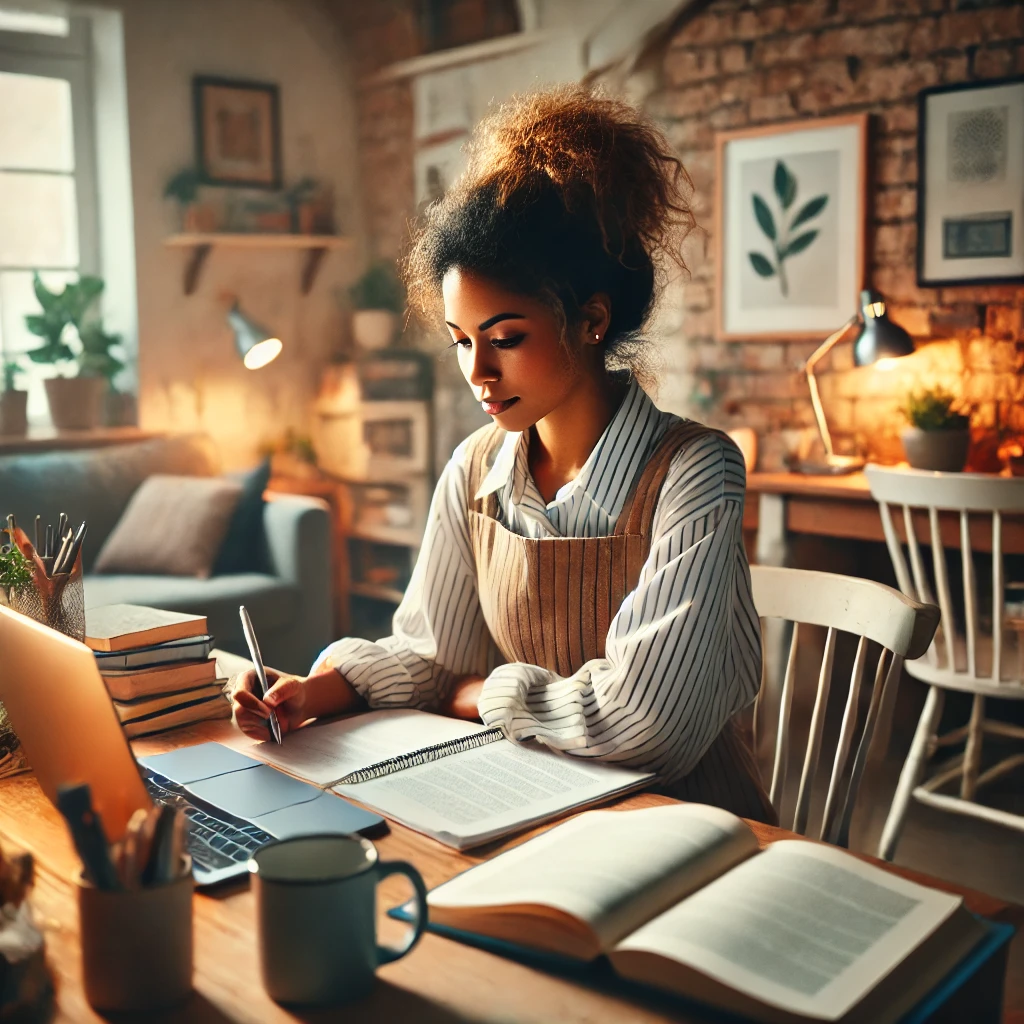 A diverse female social worker learning in a cozy home work setting, balancing professional focus with home comfort.