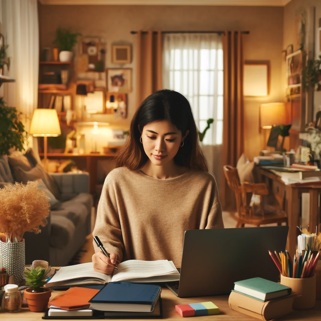 A diverse female social worker in a cozy home office environment, combining professional dedication with a warm, inviting atmosphere.