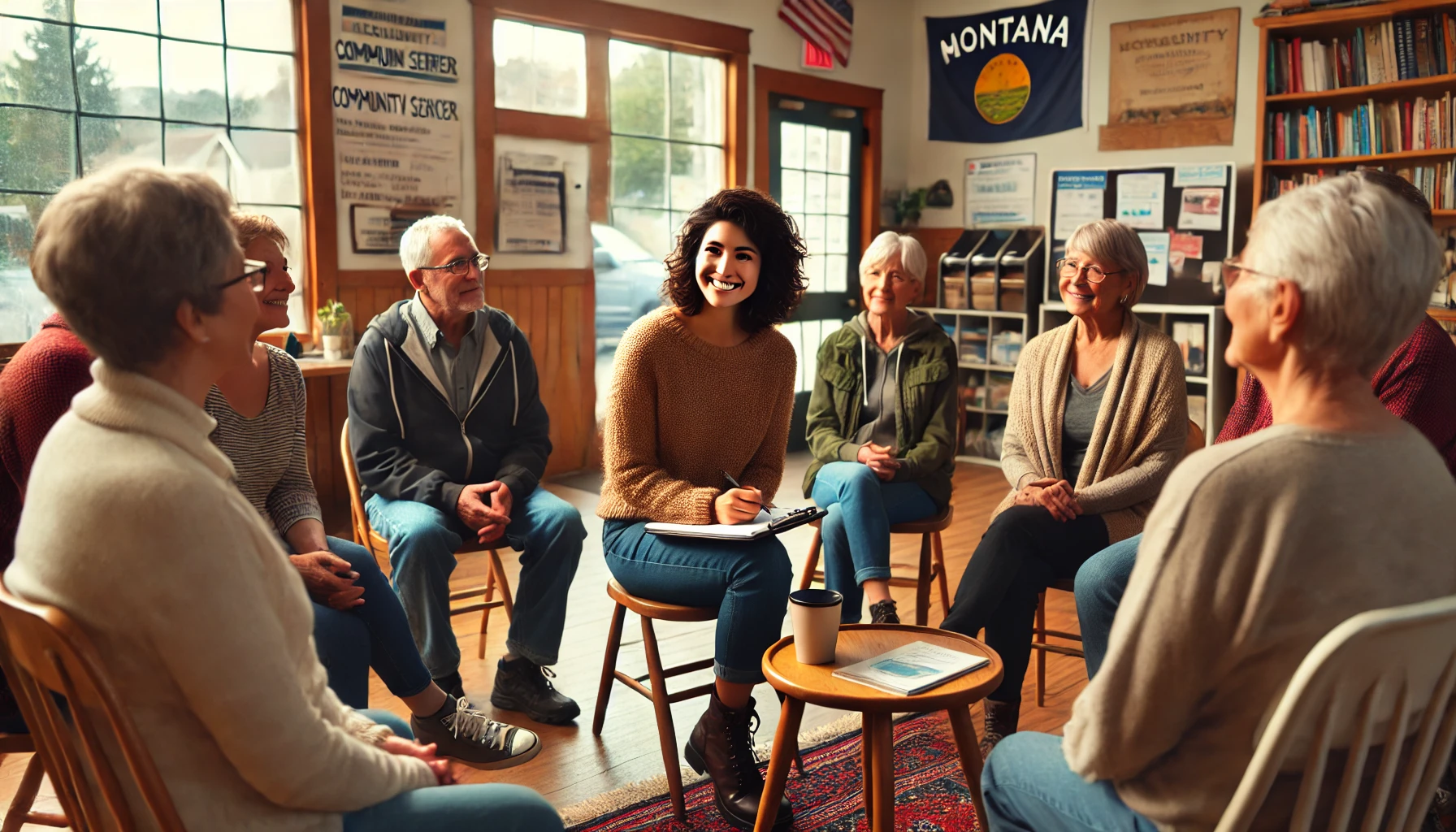 A diverse female social worker meeting with the community indoors in a cozy community center in Montana. The setting is warm and inviting, with people actively participating in the discussion.