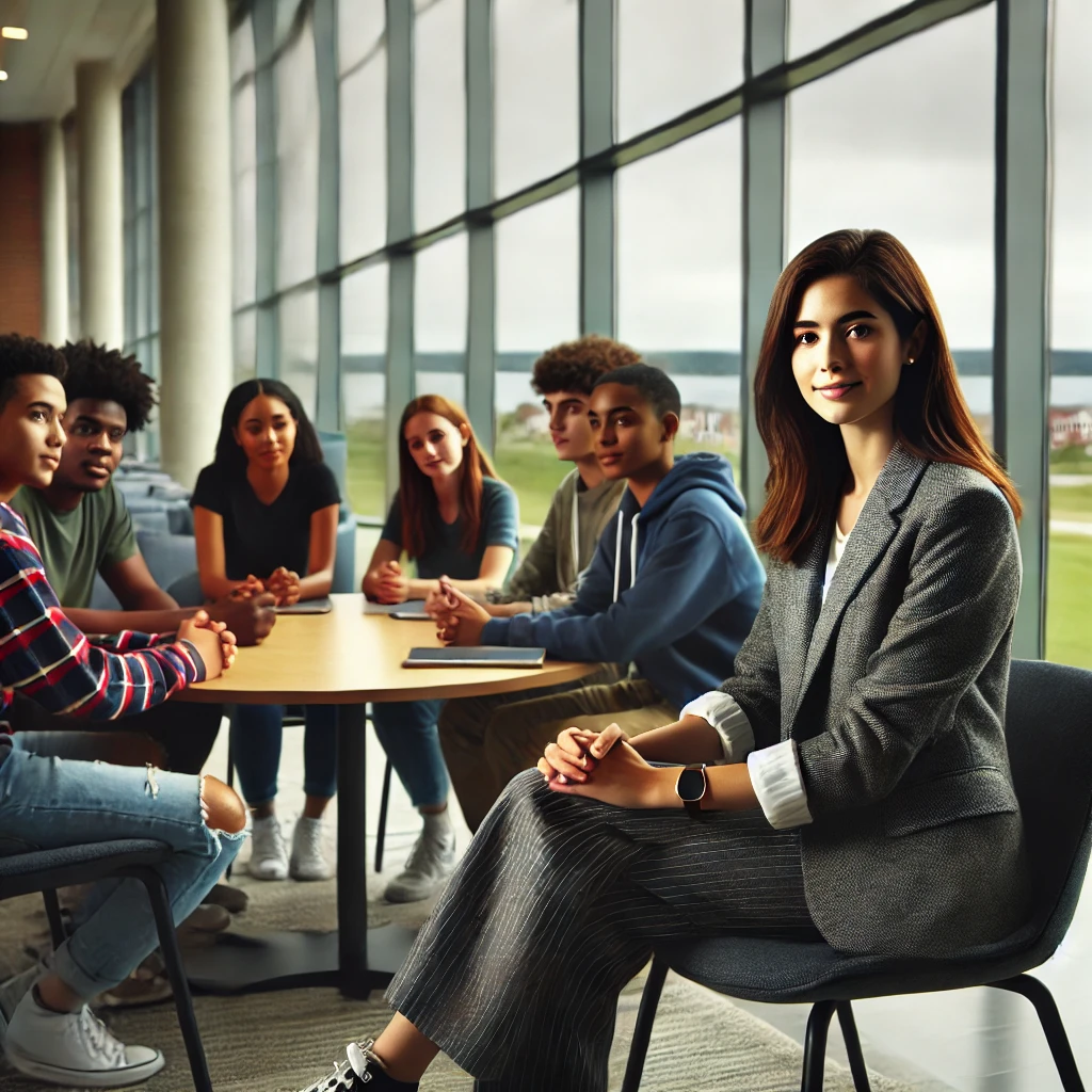 A diverse female social worker meeting with a younger group indoors in Rhode Island, set in a modern community center