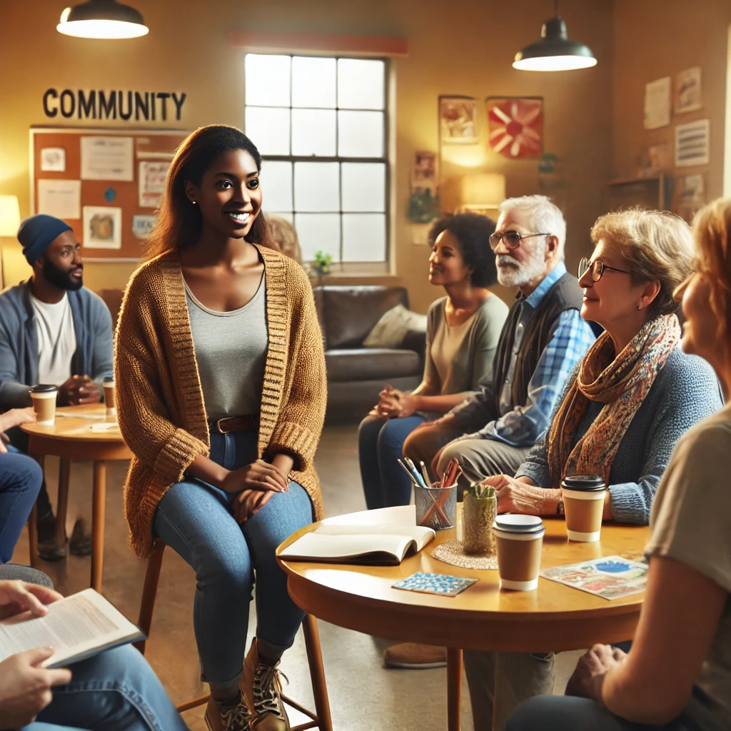 A diverse female social worker meeting with community members indoors. The setting is a cozy community center with a welcoming atmosphere, reflecting a strong sense of community and support.