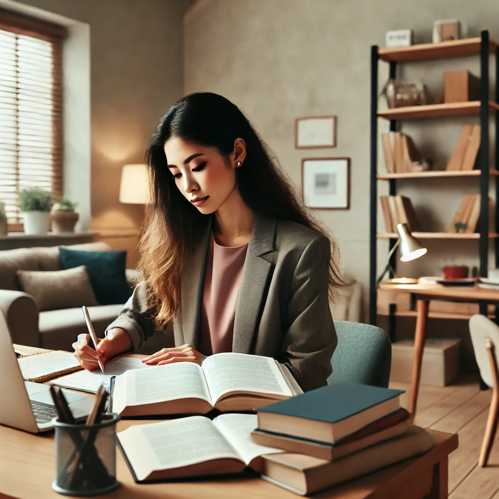 A diverse female social worker studying for an exam in a cozy, well-organized office. She is sitting at a desk with open books, notes, and a laptop in front of her. The setting includes comfortable furniture, a bookshelf filled with study materials, and a clean wall behind her, creating a focused and studious atmosphere.