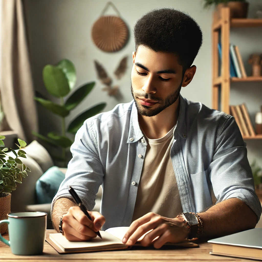 a diverse male social worker practicing journaling in a calm and reflective environment