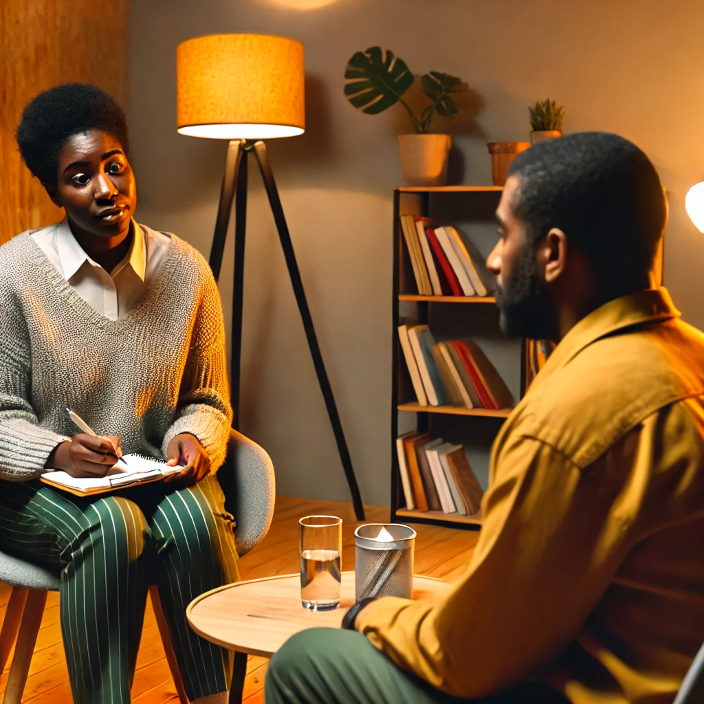 A diverse social worker conducting a trauma assessment on a client. The supportive and empathetic environment underscores the importance of trauma-informed care in providing effective mental health support.