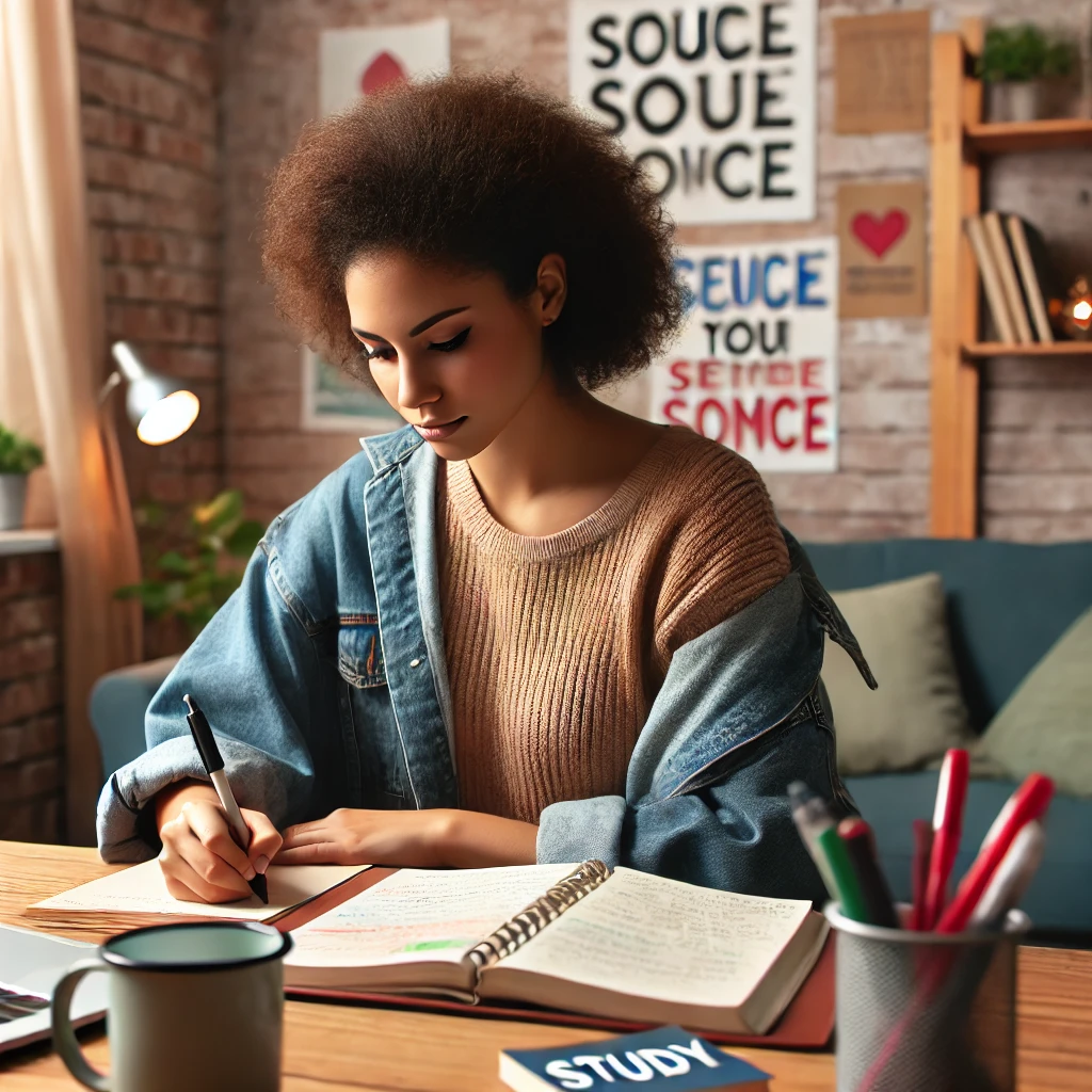 A diverse social worker creating a study plan. The scene depicts the social worker at a desk with study materials, focusing on jotting down notes in a planner in a cozy, well-lit room.
