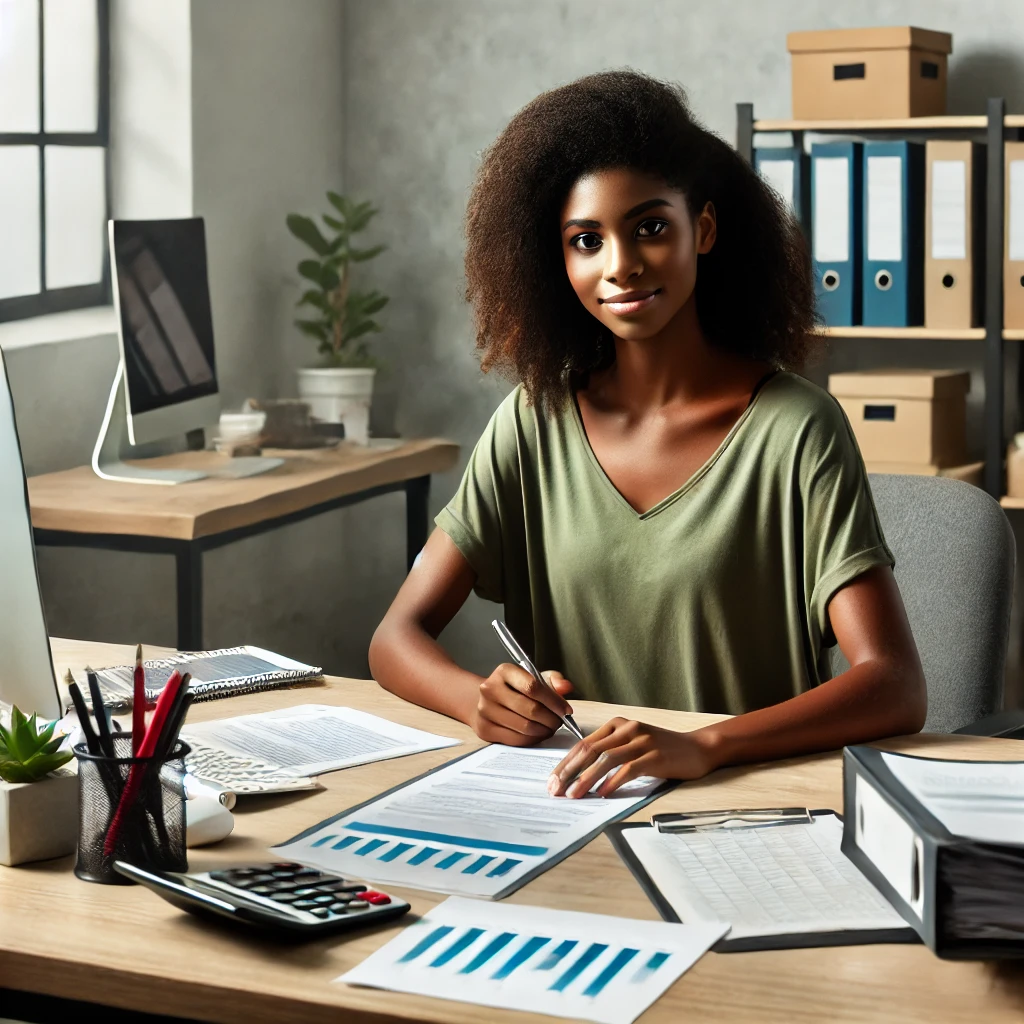 A diverse social worker in an office environment, sitting at a desk with a computer. The setting remains professional and organized, with office supplies, financial documents, and a budget spreadsheet visible on the desk, and a clean wall behind them.