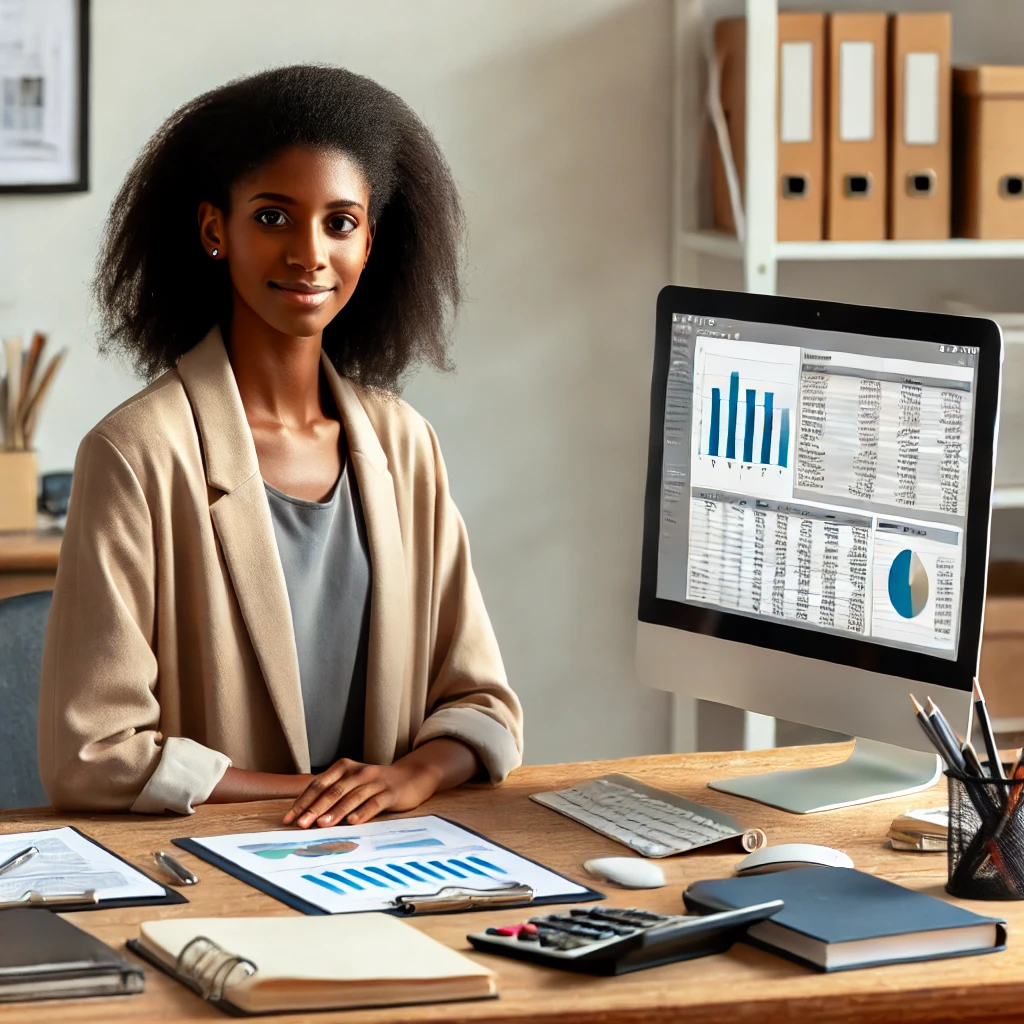 A diverse social worker in an office environment, sitting at a desk with a computer. The setting is professional and organized, with a clean wall behind them and a comfortable atmosphere.