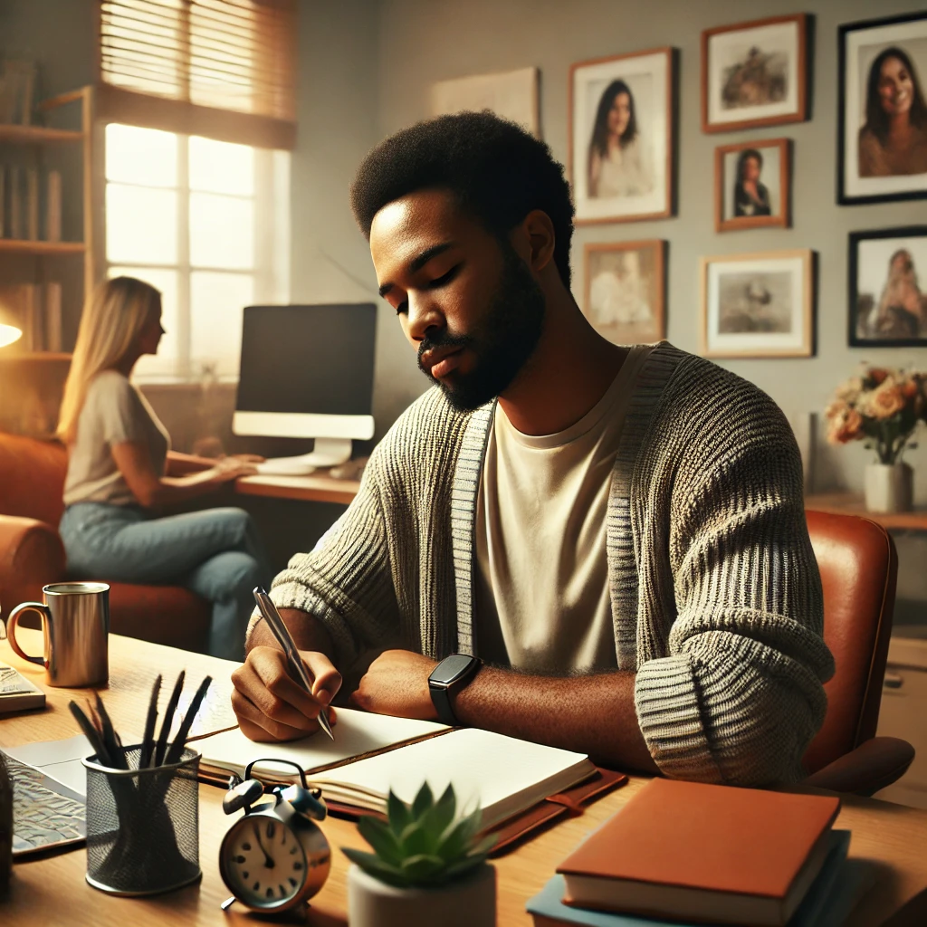 A diverse social worker at their desk, reflecting and taking notes on a past client session. The scene captures thoughtfulness, professionalism, and dedication.