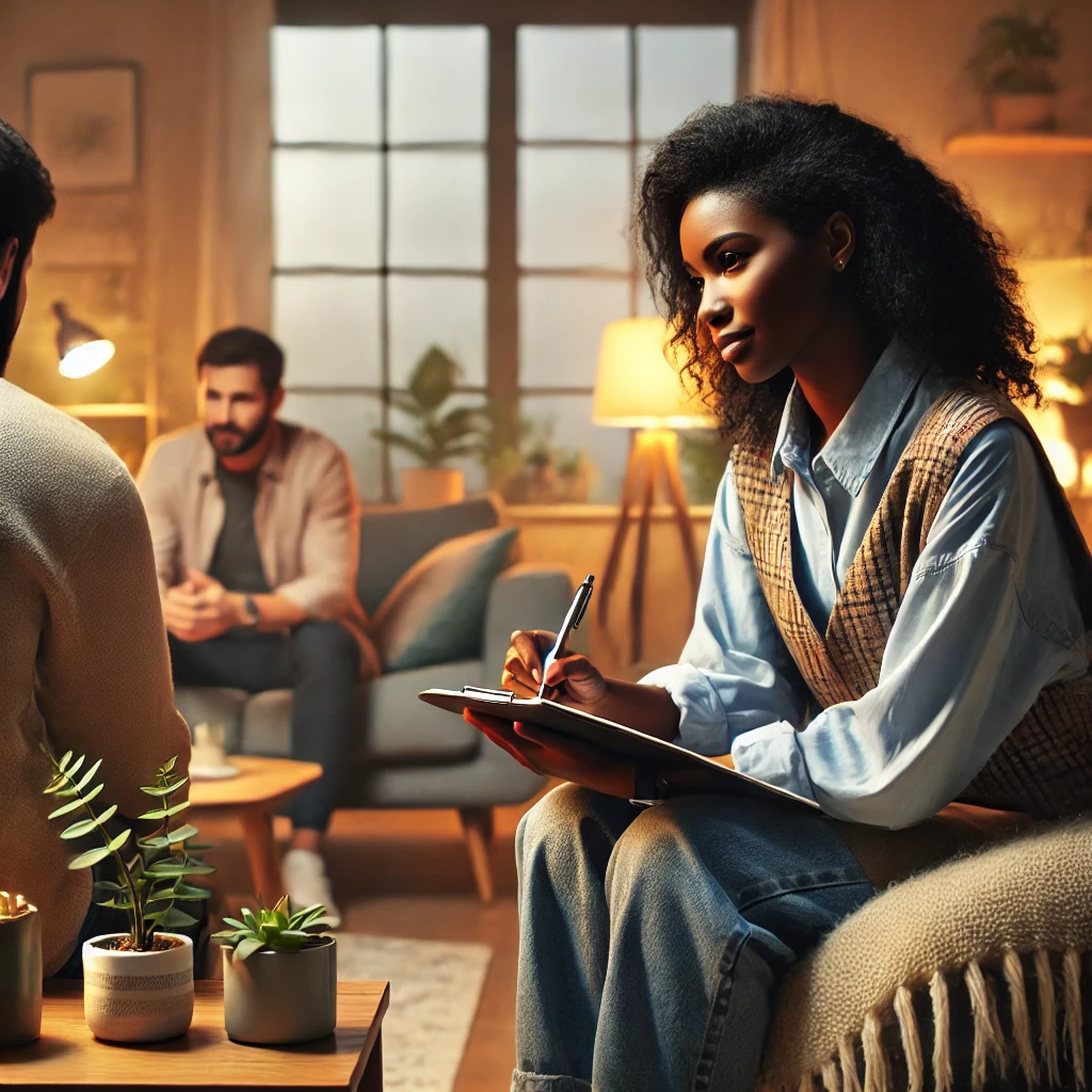 A diverse social worker taking notes during a client session in a cozy environment. The scene emphasizes warmth, comfort, and professionalism