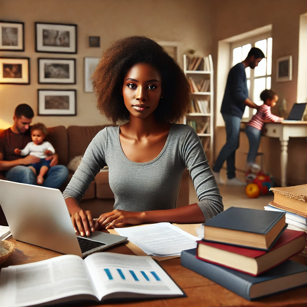 A female black social worker with a neutral expression, focused on her studies while balancing family responsibilities.