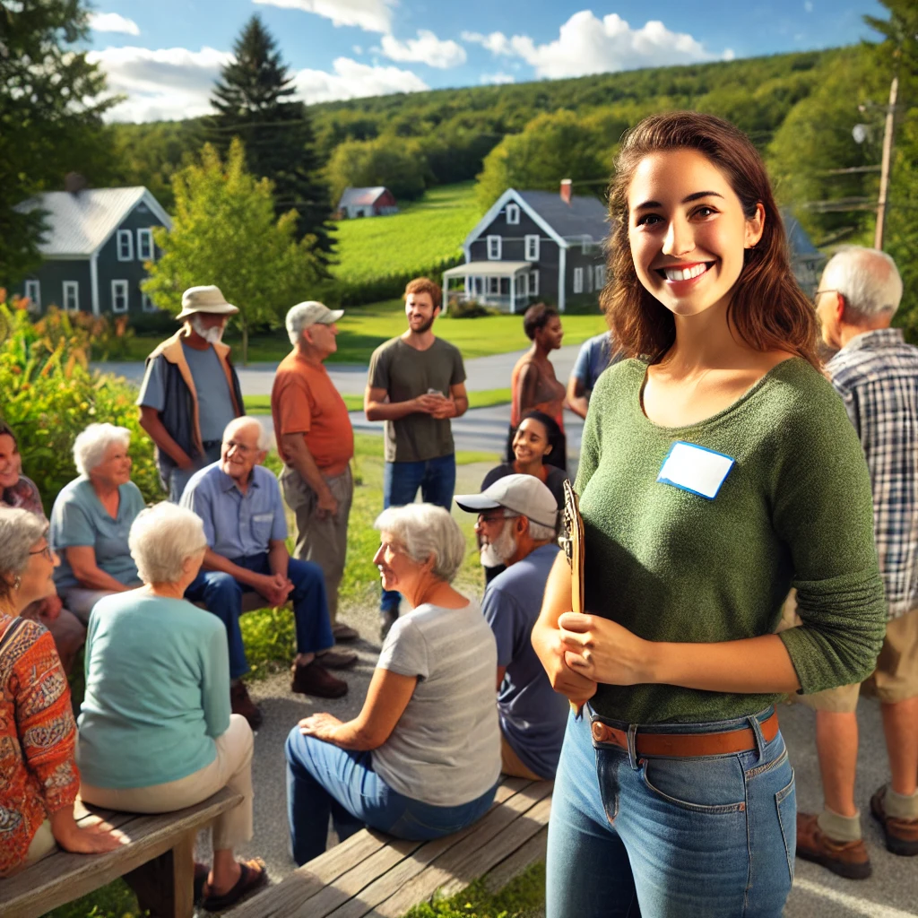 A female social worker casually dressed, engaging with members of the community in an outdoor setting in Vermont. The scene features a warm and welcoming atmosphere with lush green trees and people interacting in a friendly manner. The social worker is smiling and holding a clipboard, surrounded by a diverse group of community members.