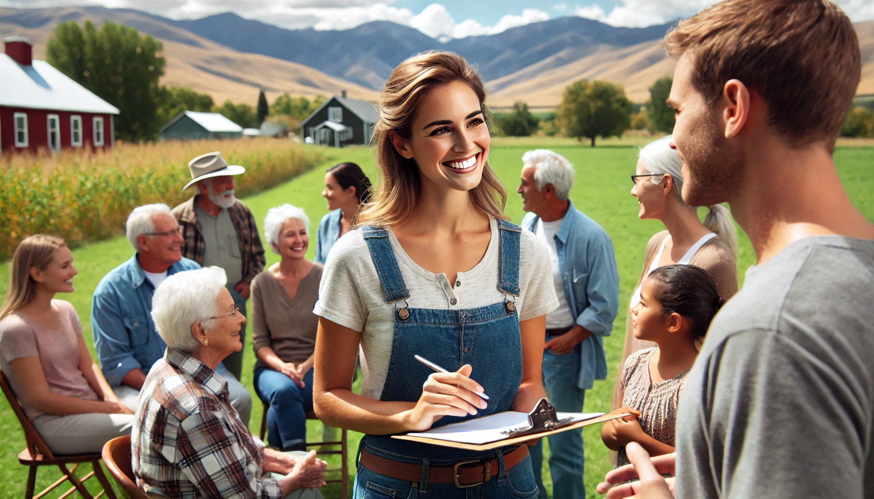 A female social worker casually meeting with the community outside in Idaho. The setting includes a picturesque outdoor environment with mountains and green fields in the background. The social worker is engaged in a friendly conversation, holding a clipboard, and smiling as she listens to the diverse group of community members, including families with children, elderly individuals, and young adults. The atmosphere is warm and welcoming.