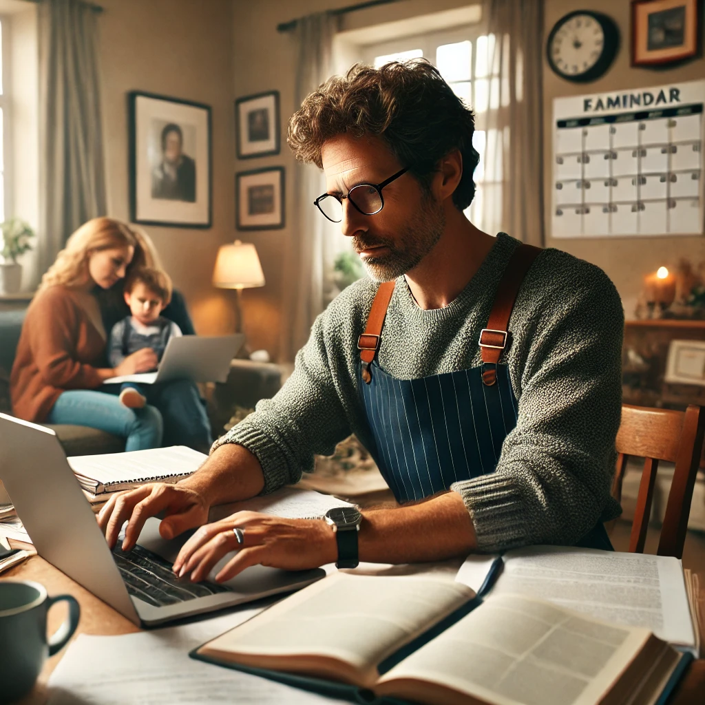 A middle-aged social worker studying for an exam at home, with a family present in the background and a slightly out-of-focus calendar on the wall. The setting conveys the balance between study and family life, with a warm and cozy atmosphere. If you need any further adjustments or additional images, feel free to let me know!