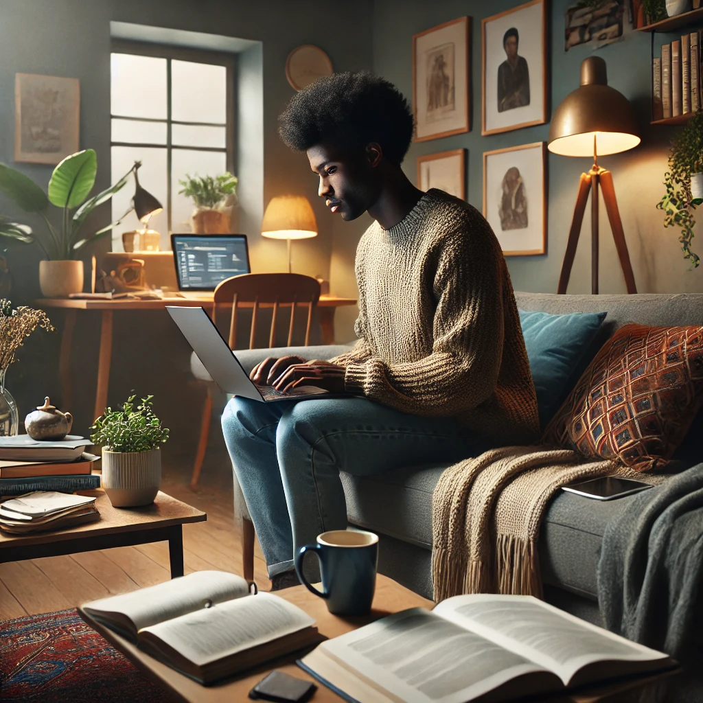A Black social worker studying for an exam in a cozy, casual home environment. The social worker is sitting comfortably on a couch with a laptop on their lap, surrounded by study materials and a cup of coffee, creating a relaxed and focused atmosphere.