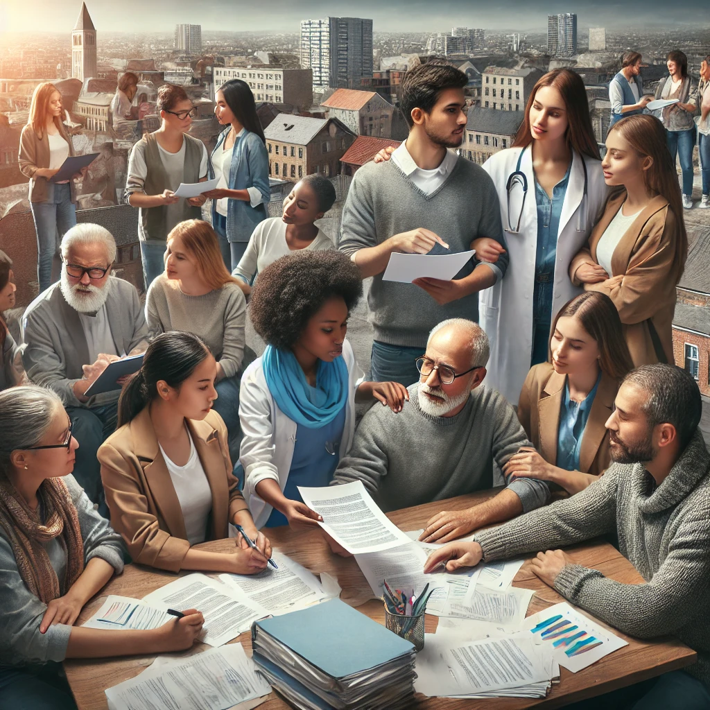 A photo-realistic image of diverse social workers representing advocacy, showcasing their collaborative efforts and interactions in a supportive environment. The image reflects their dedication to causes such as healthcare, housing, and education within a community setting.