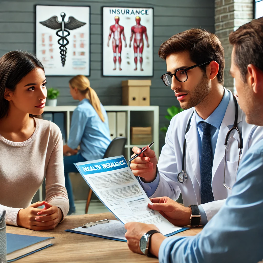 A social worker advocating for a client who has been denied health insurance coverage. The scene shows the social worker actively discussing the client's situation with healthcare providers and insurance company representatives in an office setting. The client, looking hopeful, is sitting nearby. The background includes elements such as medical posters and insurance brochures, symbolizing the advocacy work.
