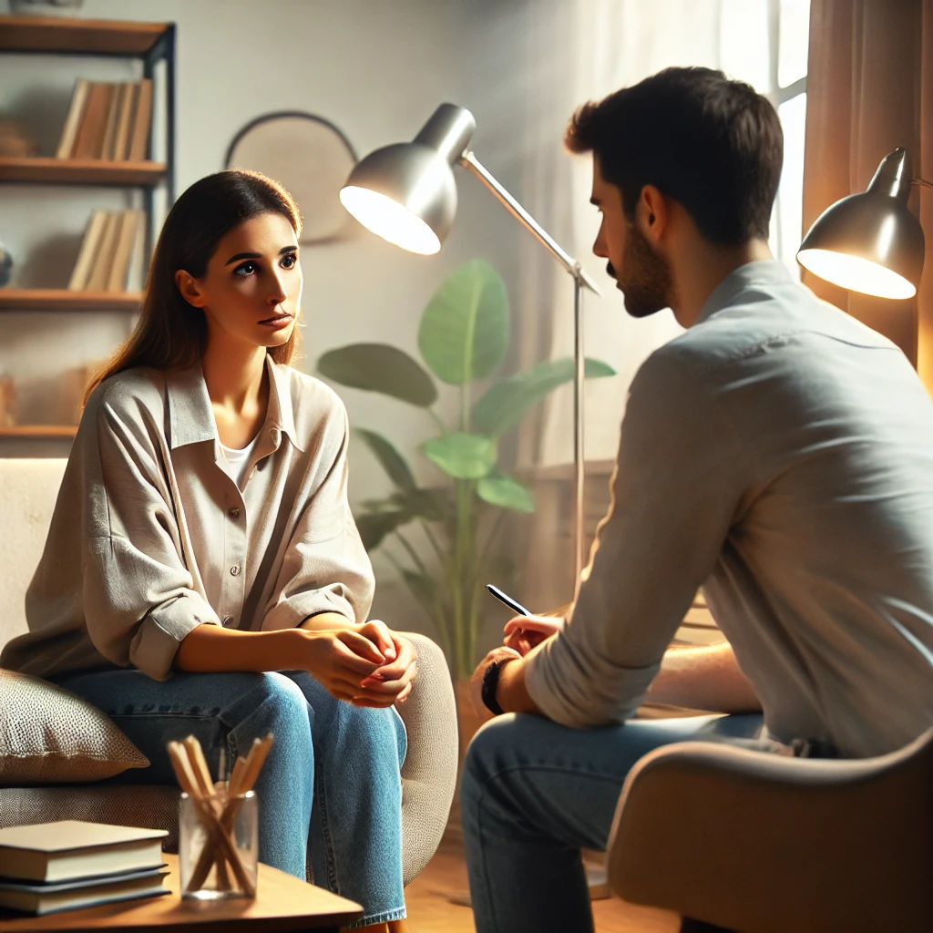 A picture representing mental health first aid provided by a social worker, attentively listening to a client in distress without physical contact. The calming environment underscores the importance of support and care during mental health crises.