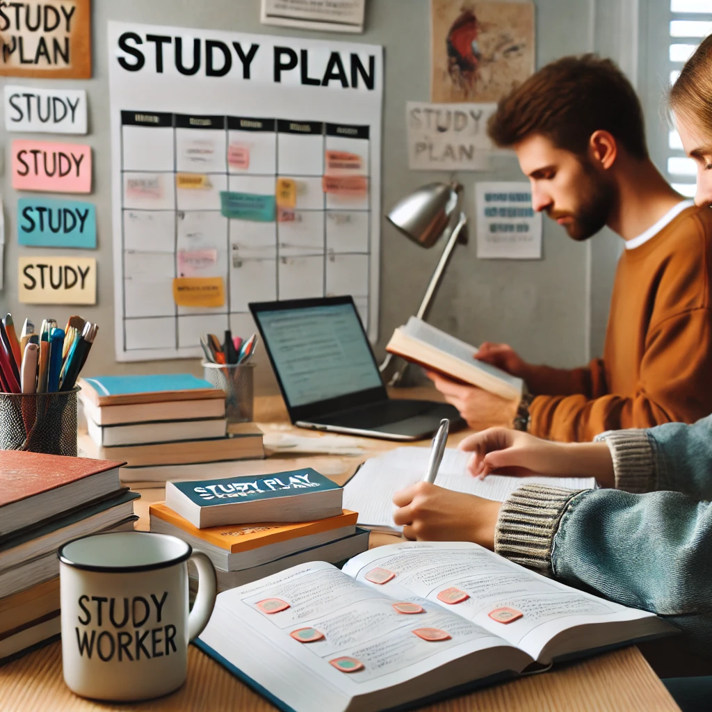 A social worker studying for an exam at a desk with various study materials. In the background, you can see a blurred study plan calendar on the wall. The social worker is focused, taking notes in a cozy, well-lit room with motivational posters and a coffee mug nearby.
