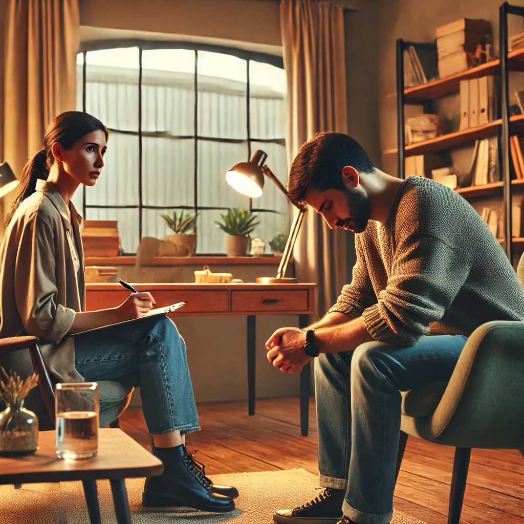 A therapist recognizing a behavioral change in a client. The calm, professional office setting, and the therapist’s attentive and thoughtful expression emphasize the importance of identifying and addressing changes in a client's behavior.