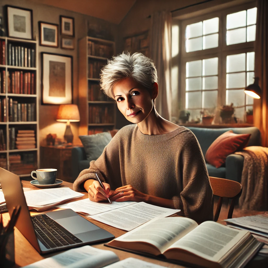 An older woman in her 40s or 50s studying for an exam in a cozy environment. The setting is warm and inviting, reflecting both focus and comfort.